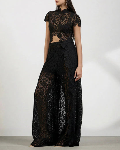 Lace Openwork Front Slit Long Top and Wide-leg Pants Set