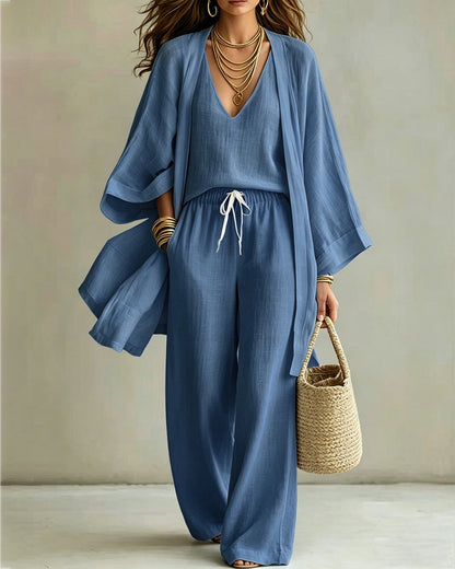 Casual Loose Cotton Linen Sleeveless Vest, Wide-leg Pants and Cardigan Three-piece Set