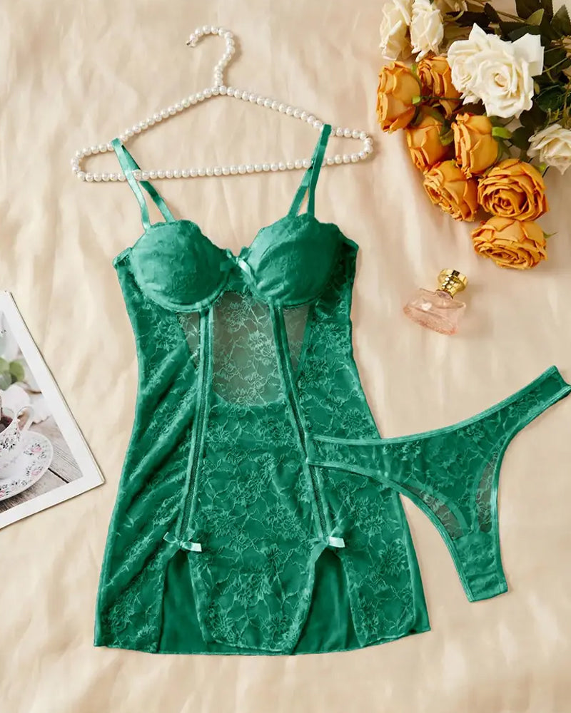 Women's Sexy Floral Lace See-through Slip Dress and Thong Set